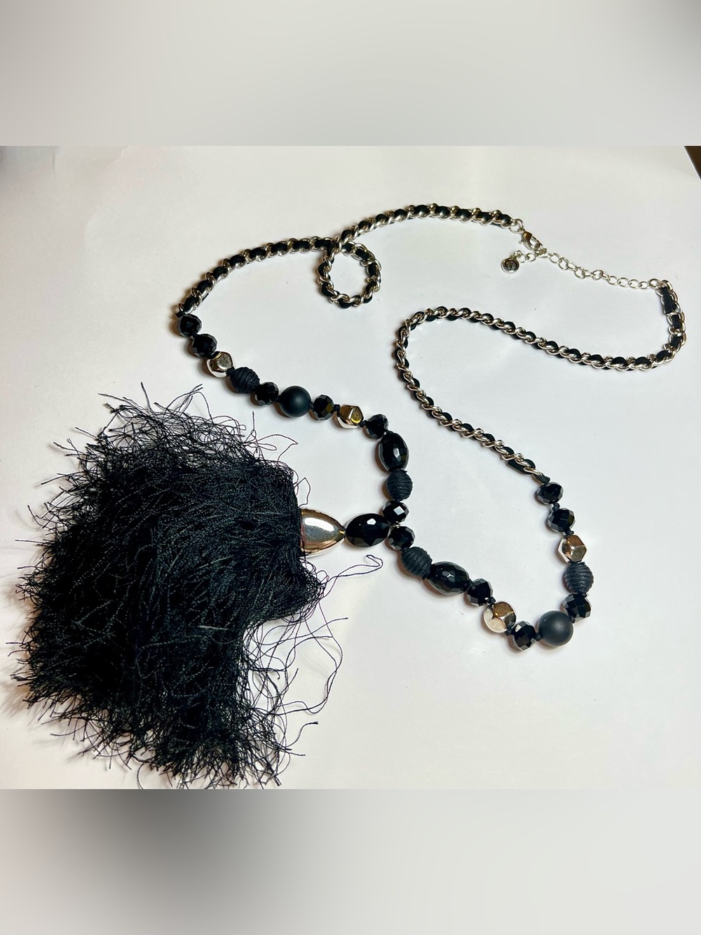 Vintage 1946 Black Tassel Statement Necklace Gold Tone Beaded Boho Chic